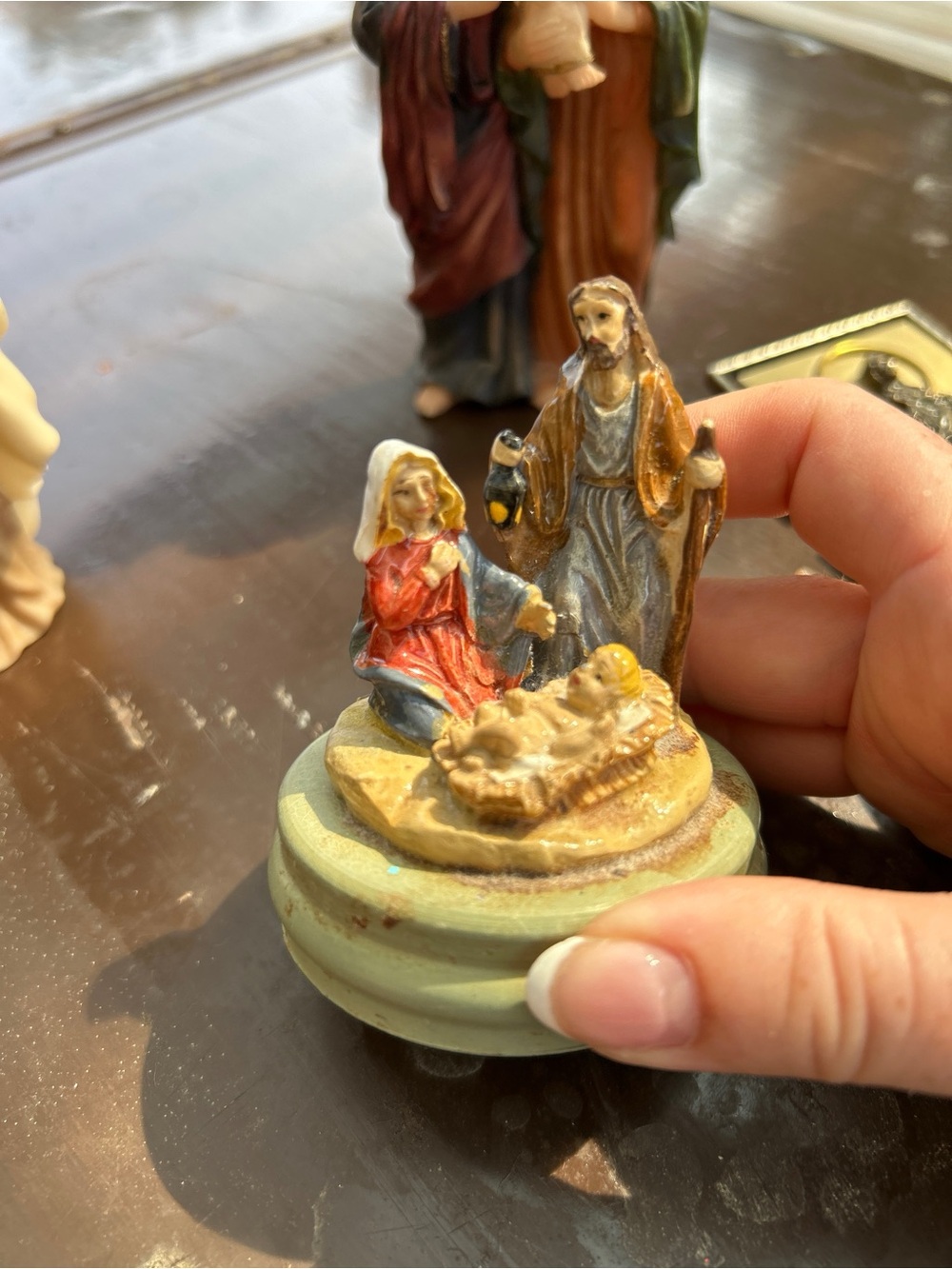 Hand-Painted Nativity Scene Sculpture in Red, Blue and Tan